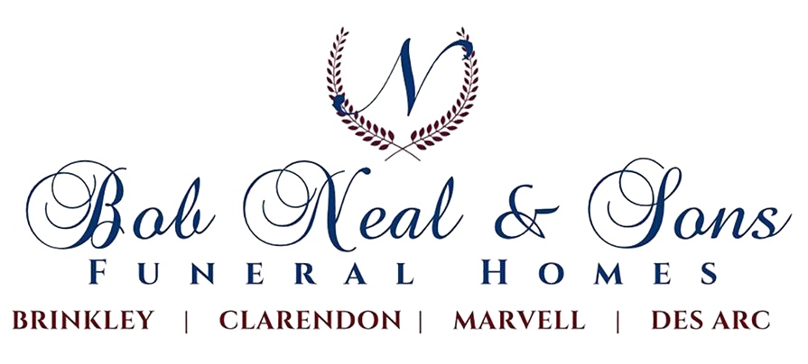 Bob Neal & Sons Funeral Homes logo with blue script text and laurel wreath emblem