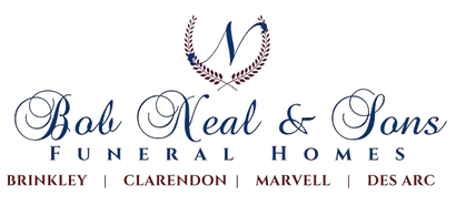 Bob Neal & Sons Funeral Homes logo with blue script text and laurel wreath emblem
