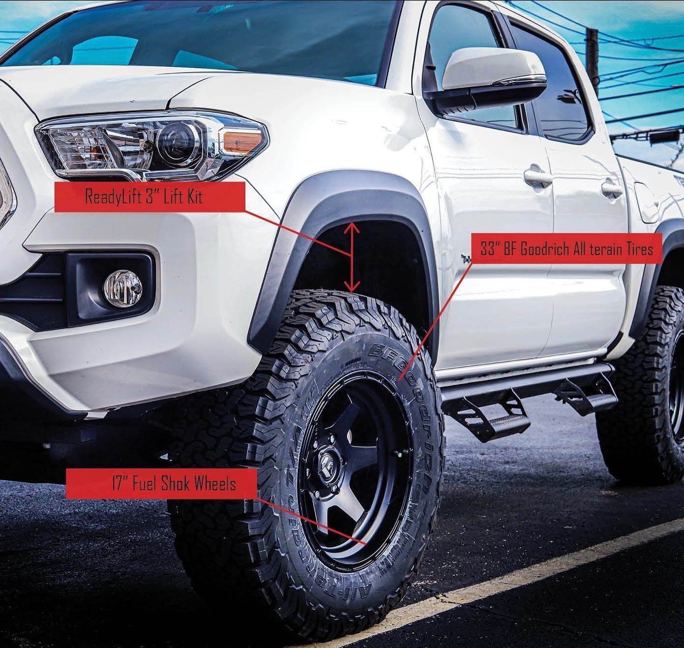 White pickup truck with off-road tires and red labels pointing to the hood, wheel well, and side steps.