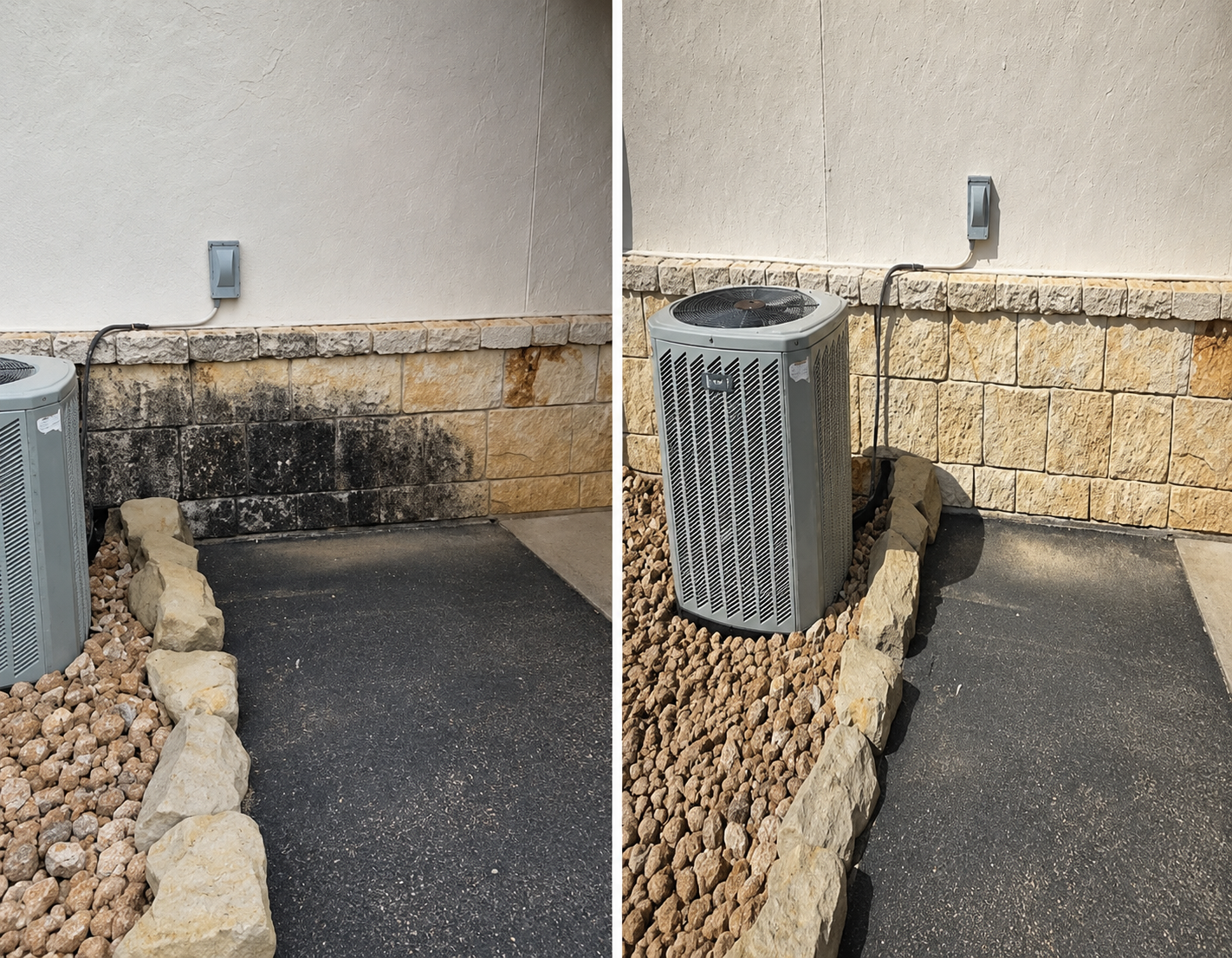 Side-by-side patio walkway before and after with added rocks, border stones, and an AC unit against a wall