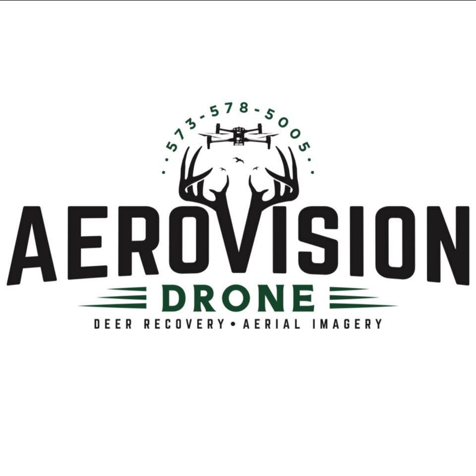 Logo for AeroVision Drone: black text with drone and antlers icon,