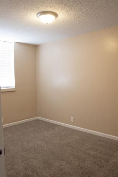 Empty beige bedroom with gray carpet, a window, and a ceiling light.