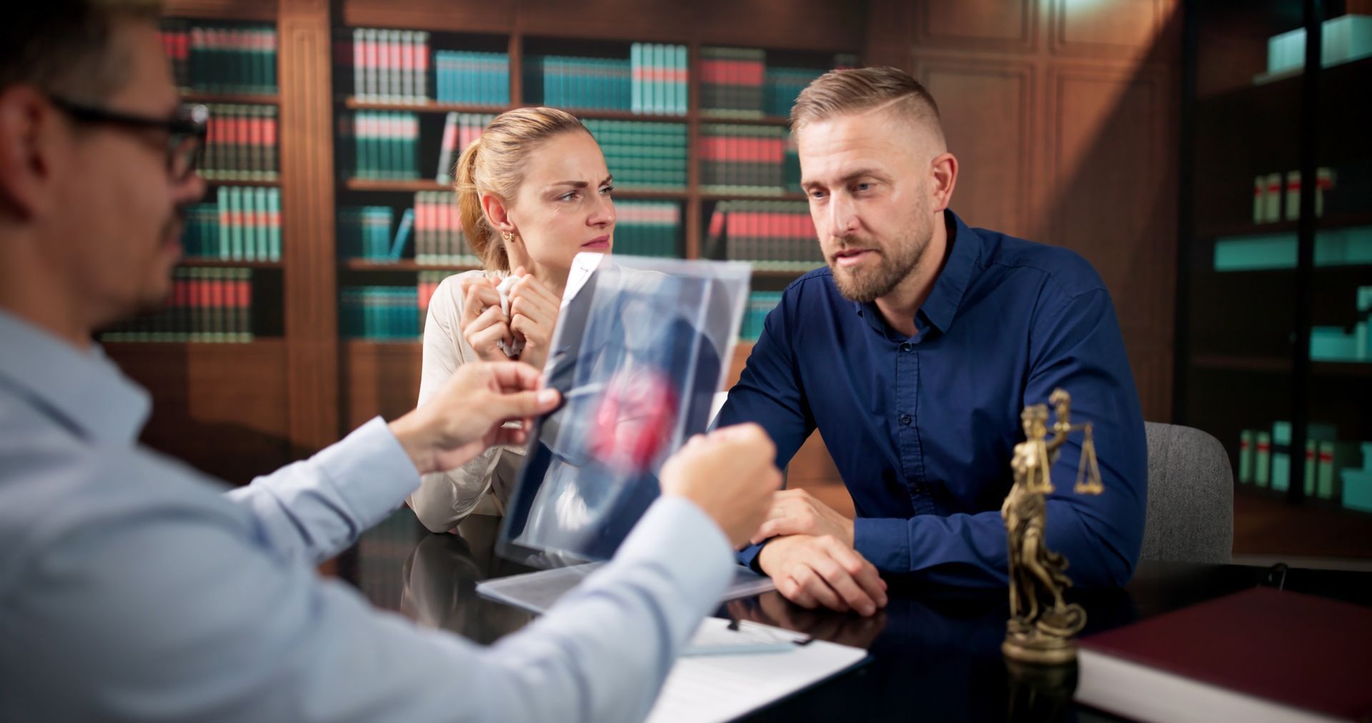 Attorney reviewing an X-ray with clients in his office