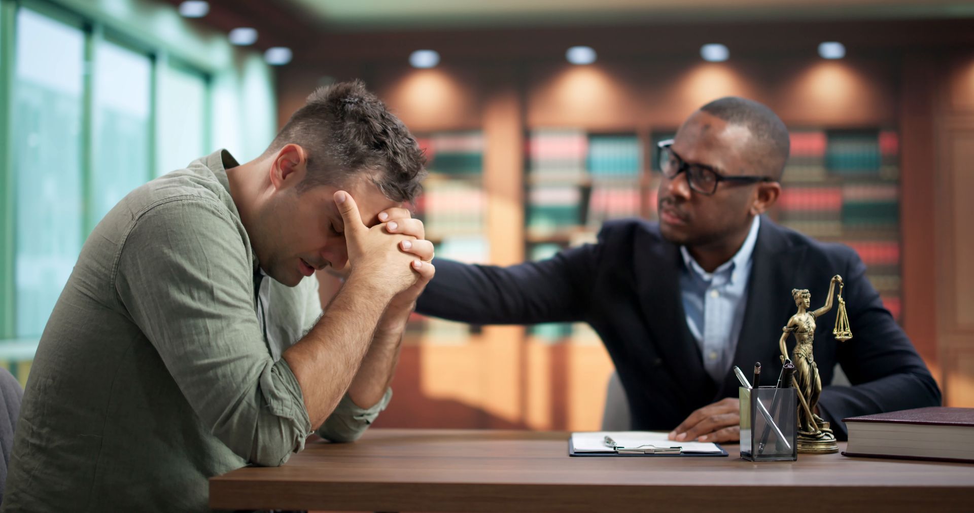 Distressed client comforted by an attorney in a law office