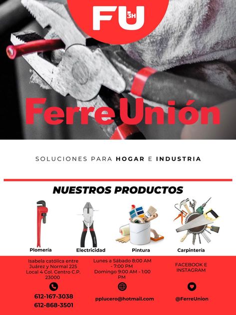 Mostrador ferretero con herramientas y suministros para obra
