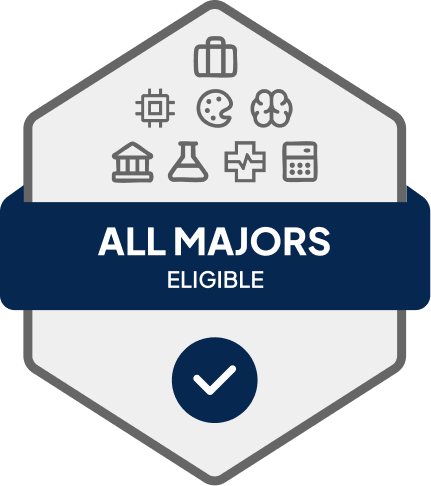 Badge with blue banner: 