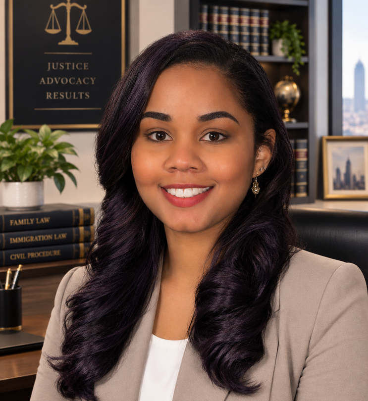 Professional woman smiling in a law office, with shelves, books, and legal decor behind her. Professional woman smiling in a law office, with shelves, books, and legal decor behind her.