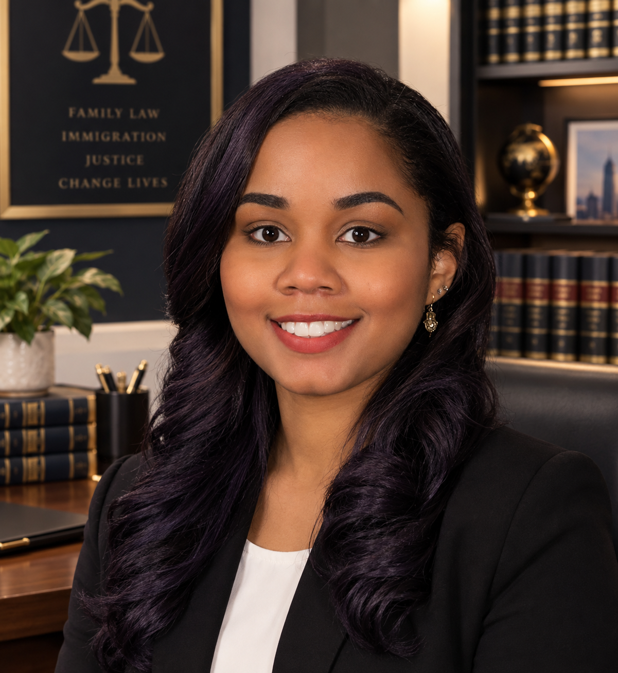 Professional headshot of a smiling woman in a law office with bookshelves and legal decor.