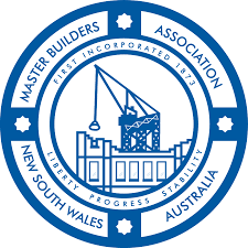 Logo of Master Builders Association of New South Wales, Australia. Blue seal with building and crane design, text around perimeter.
