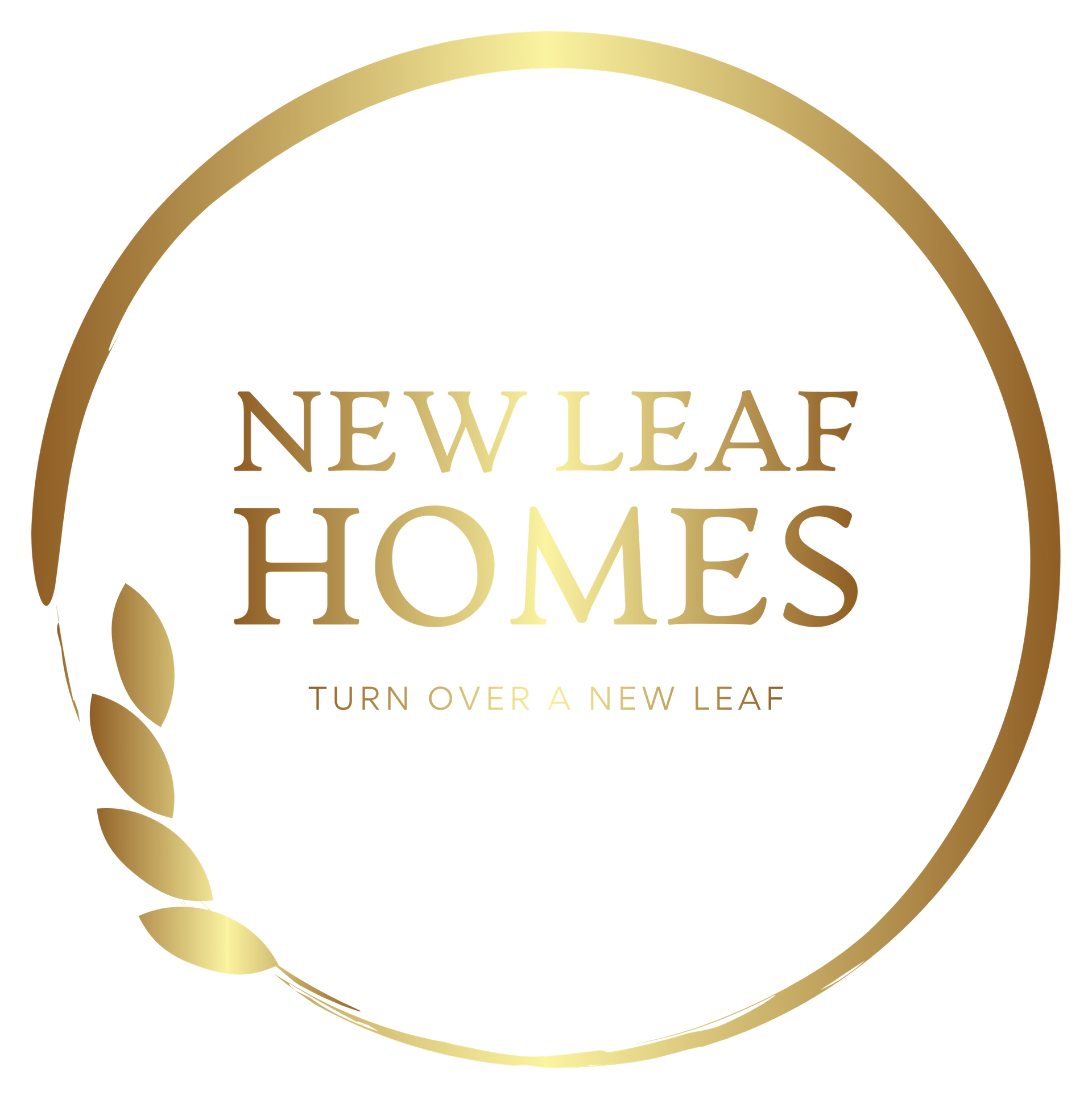 Gold logo for New Leaf Homes: text within a gold circle, wheat graphic, and slogan