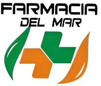 Logotipo de Farmacia del Mar con formas estilizadas de cruz y hoja en verde y naranja.