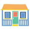 Simple blue house with orange roof, green door, and two blue windows.