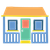 Simple blue house with orange roof, green door, and two blue windows.
