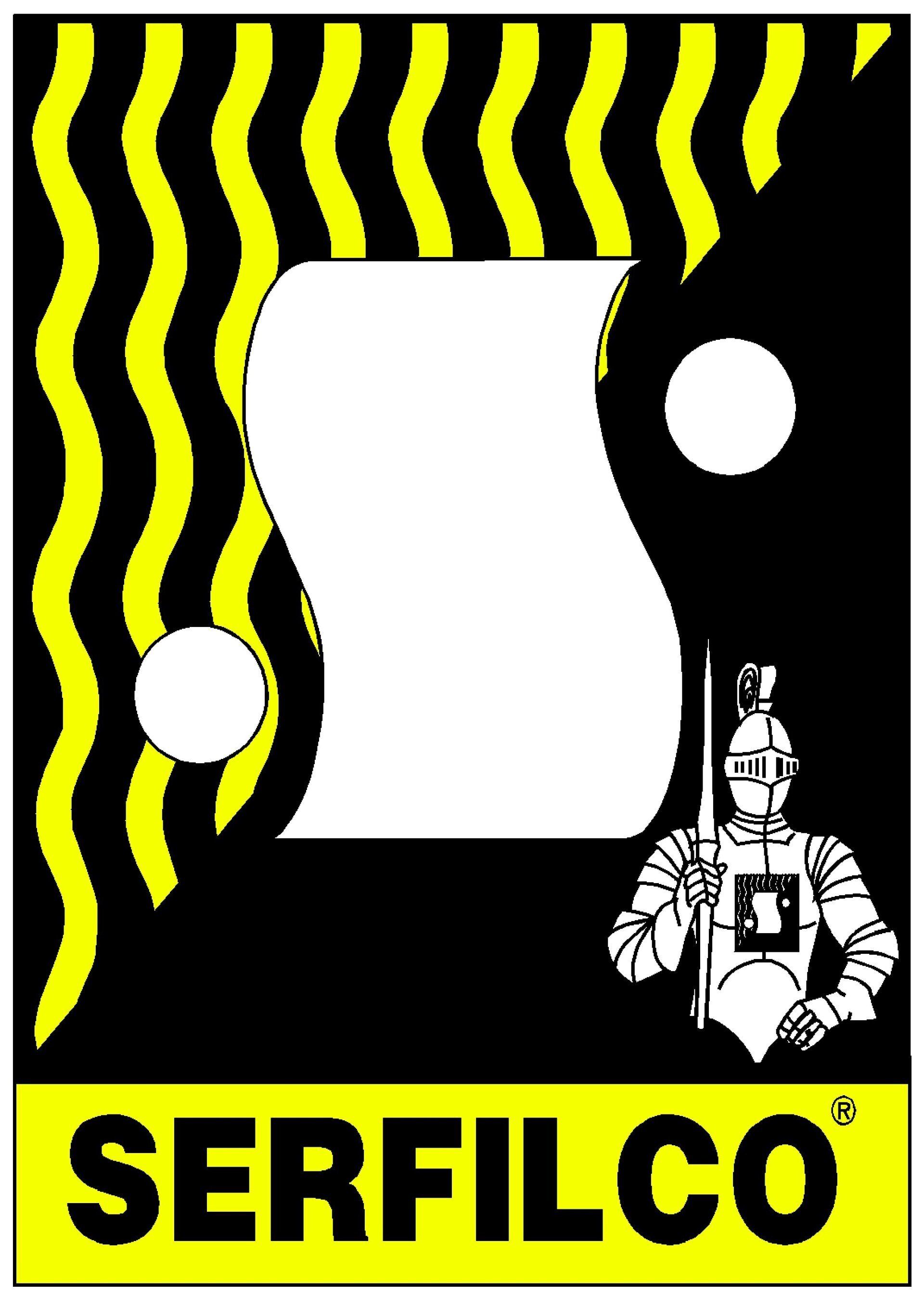 Logo für SERFILCO. Es zeigt ein schwarz-gelbes Design, einen Ritter und eine stilisierte „S“-Form.