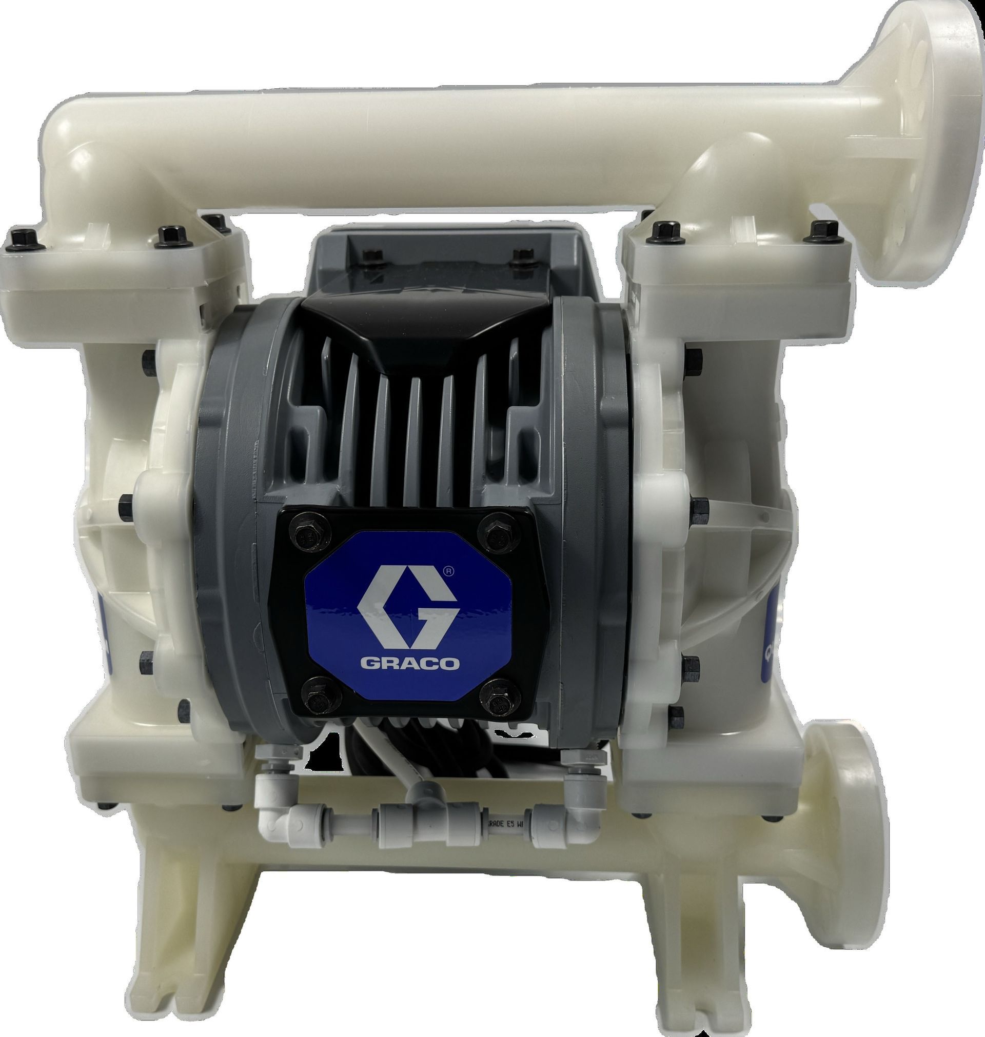 Graco Membranpumpe mit weißen und grauen Komponenten, schwarzem Motorgehäuse und blauem Logo.