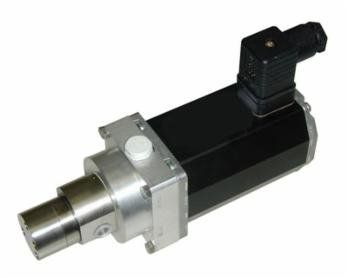 Hydraulikpumpe mit schwarzem Motor und silbernem Gehäuse sowie einem Anschluss oben.