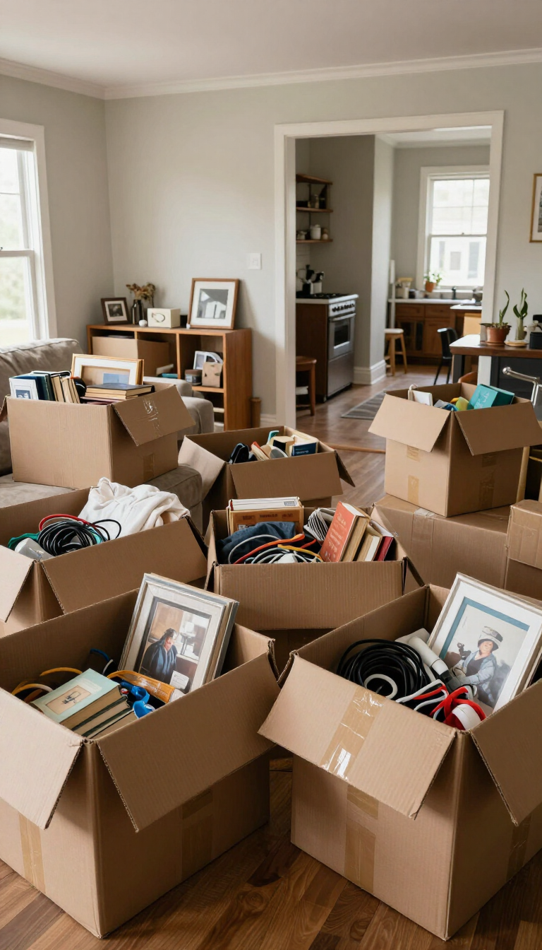 Living room filled with cardboard boxes of books and framed photos, suggesting a home move or unpacking.
