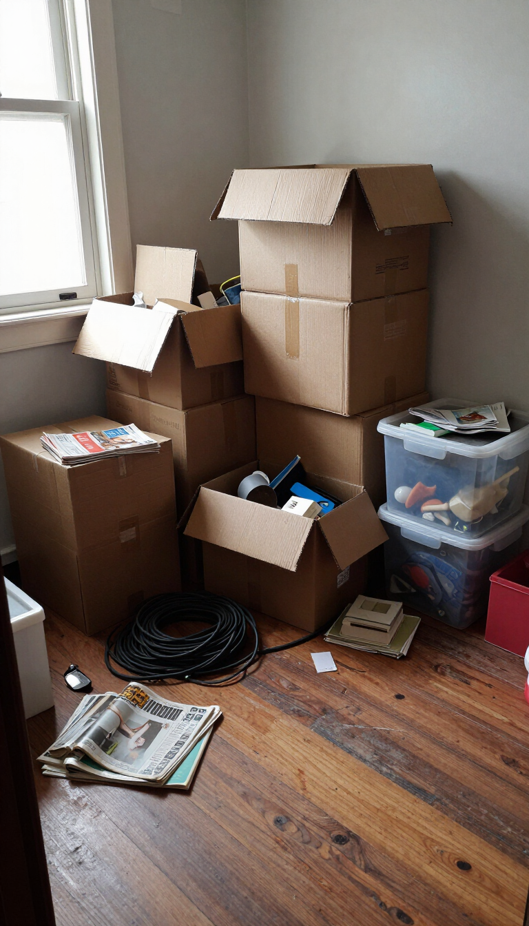 Cluttered corner with stacked cardboard boxes, plastic bins, and newspapers on a hardwood floor.