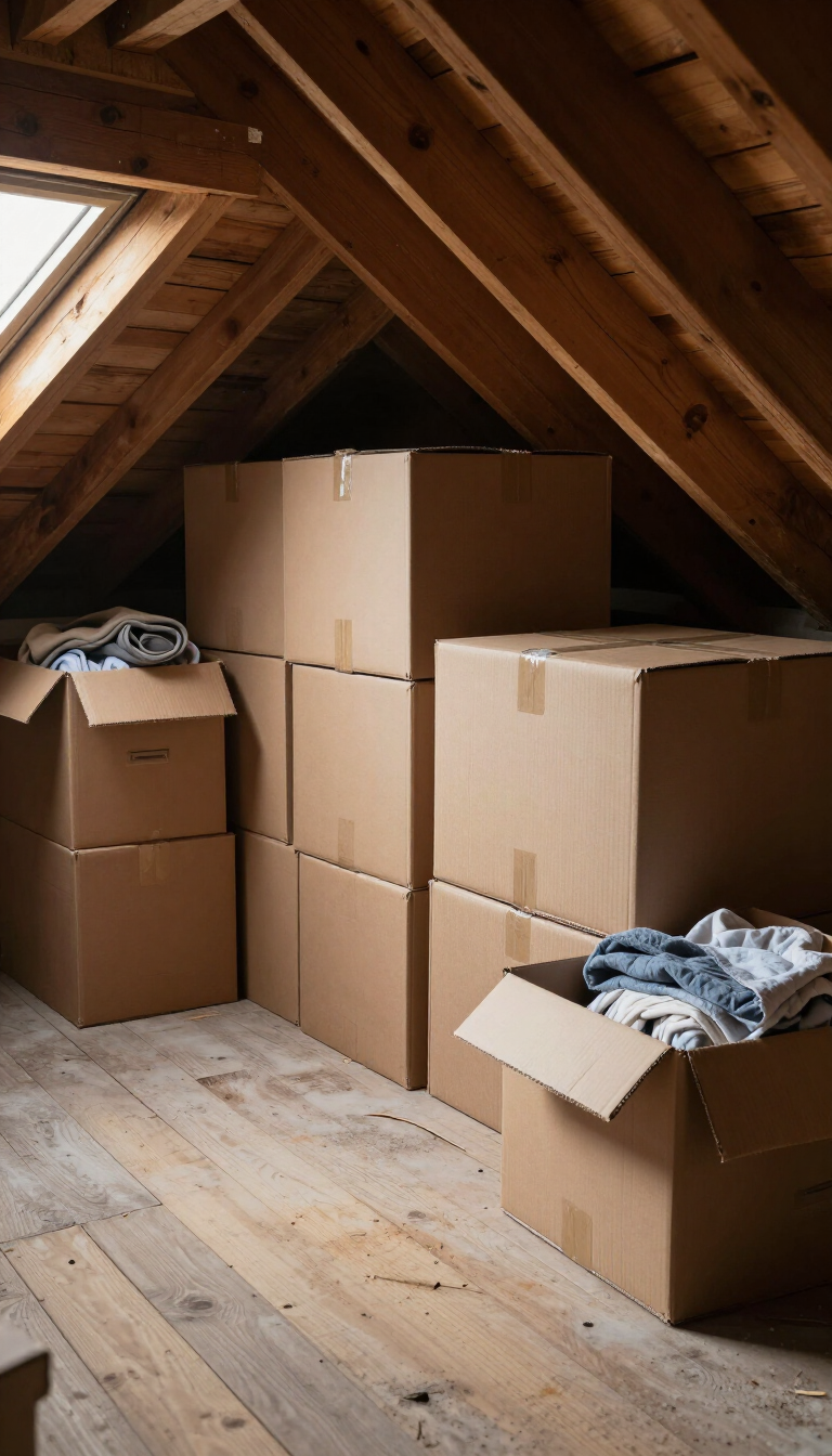 Cardboard moving boxes and folded clothes stored in an unfinished attic with wooden beams.