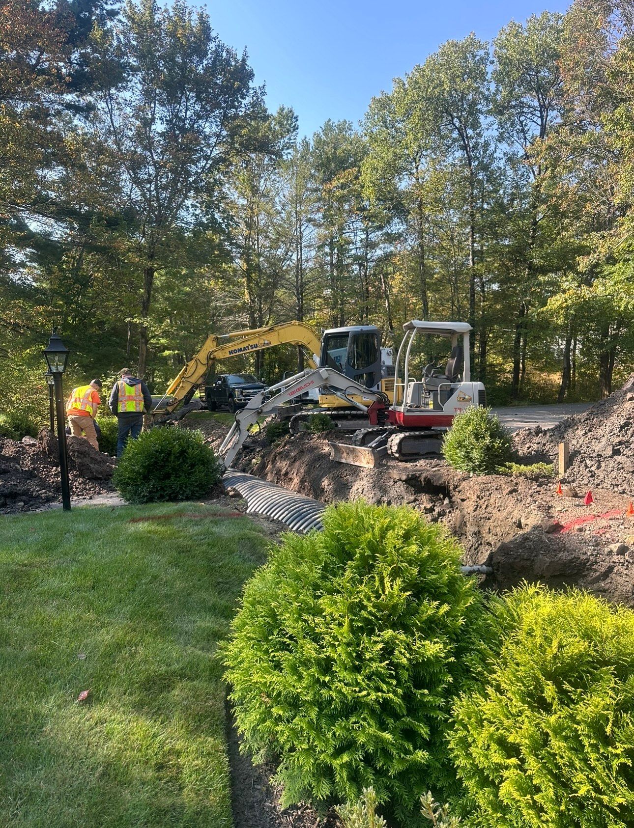 Excavator and skid steer working in a landscaped yard beside trees and shrubs