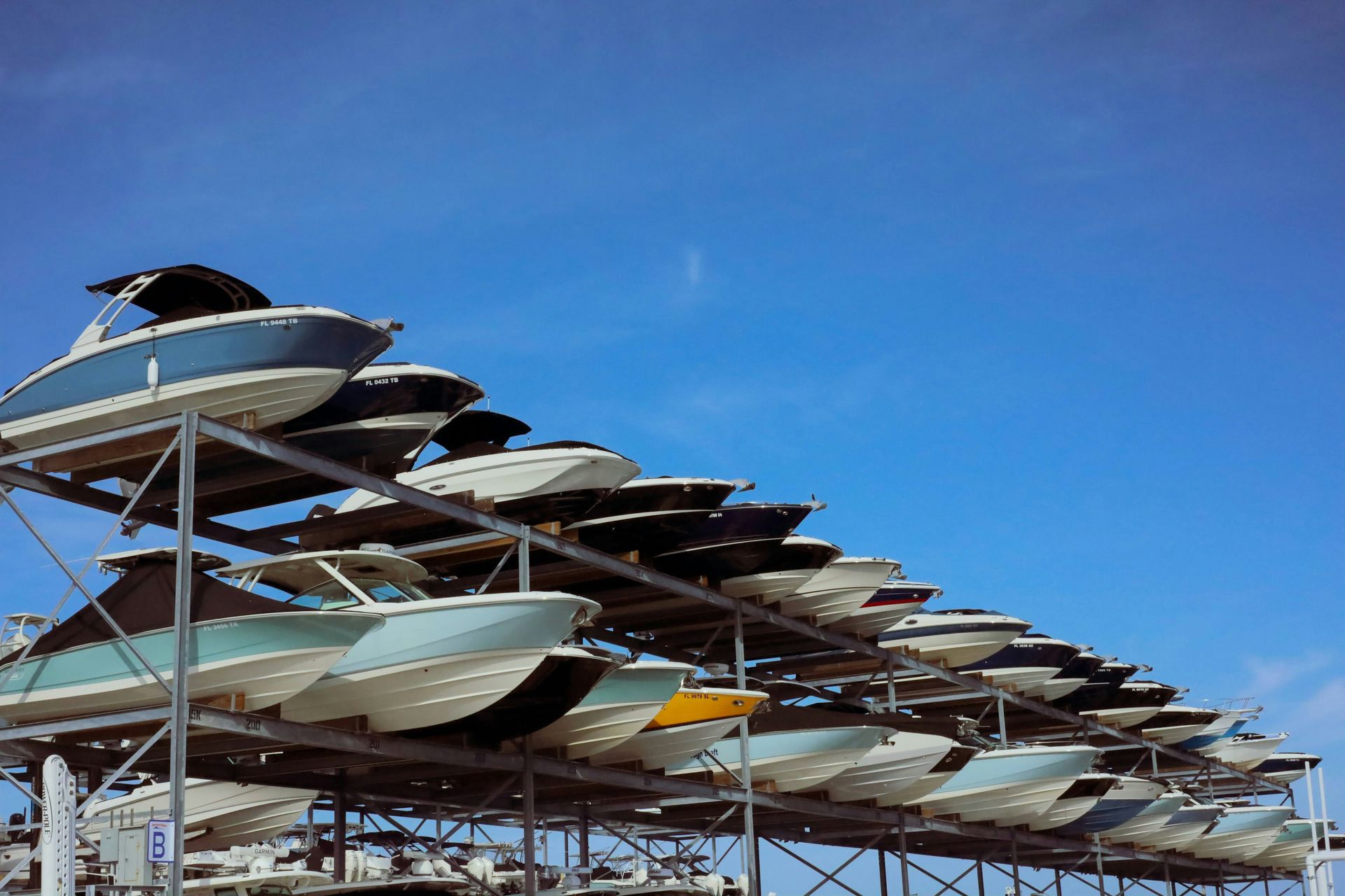 Boats stored on outdoor racks