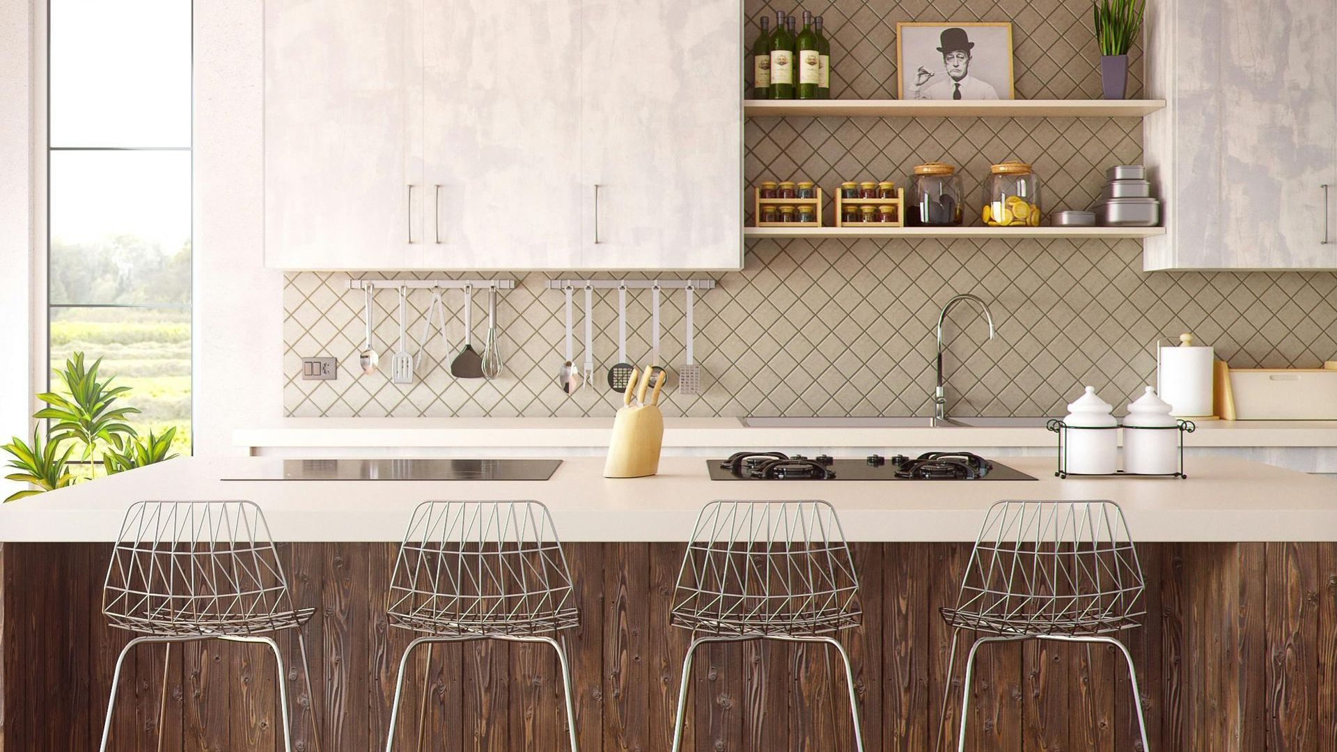 A kitchen with a stove , sink , cabinets and stools.