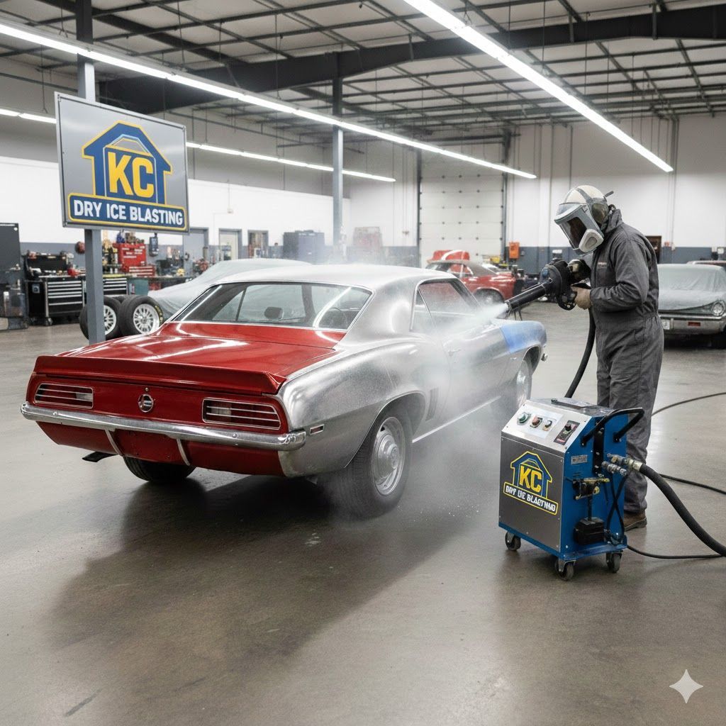Man in protective gear dry ice blasting a classic car inside a shop.