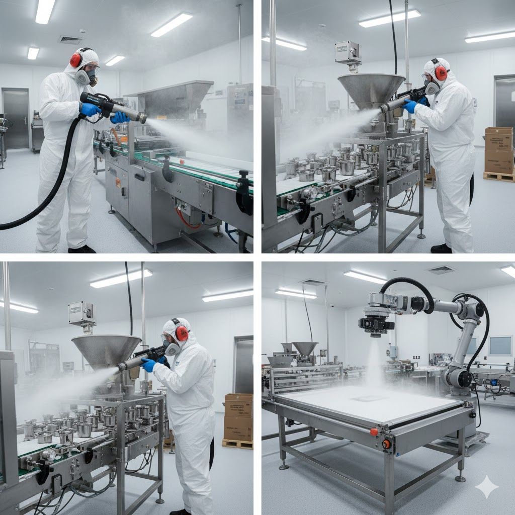 Worker in protective suit sanitizing equipment in a sterile facility with a spray.