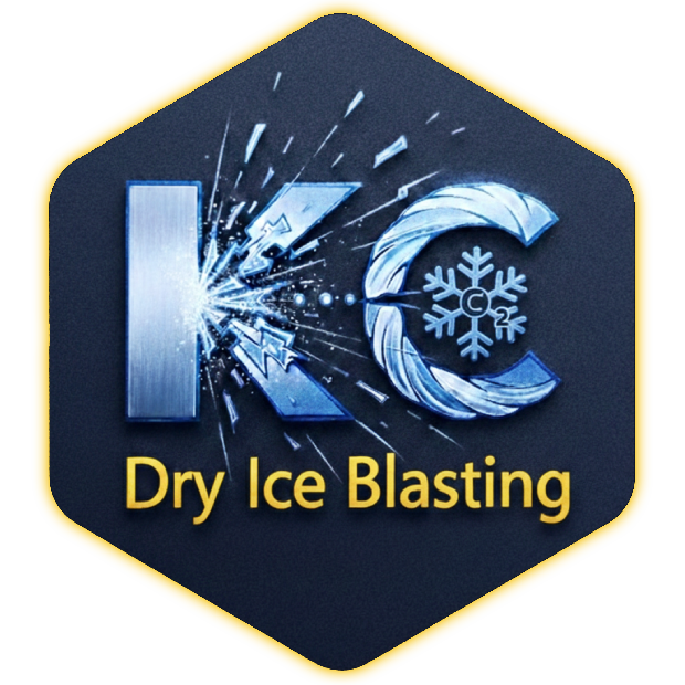 Logo for KC Dry Ice Blasting: a house silhouette with a yellow roof and blue body, over dark blue text.