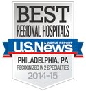A badge that says `` best regional hospitals us news philadelphia , pa recognized in 2 specialties ''.