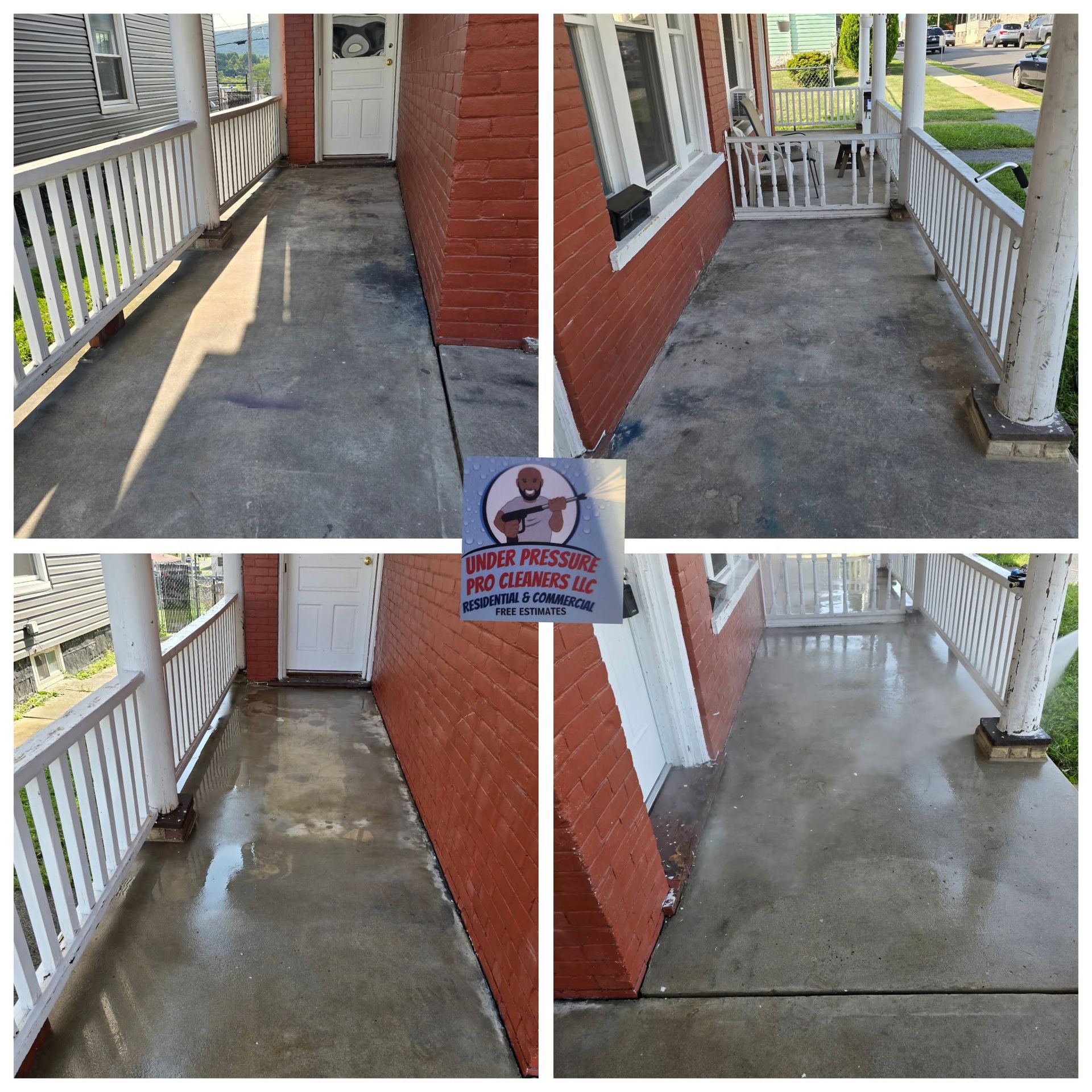 Porch concrete before-and-after: cracked dry surface restored to smooth wet finish.
