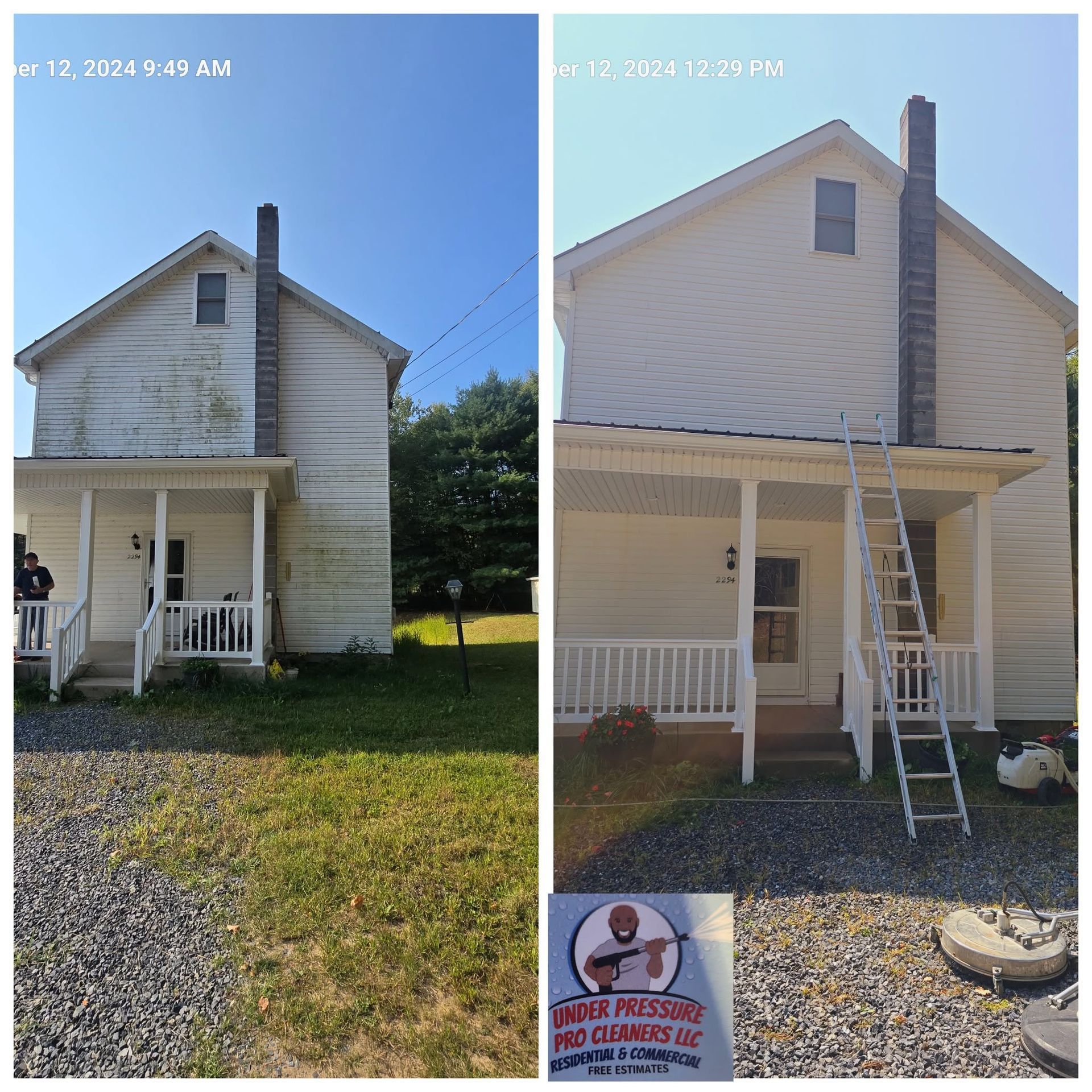 Two side-by-side views of a white house porch, showing a before-and-after exterior repair.