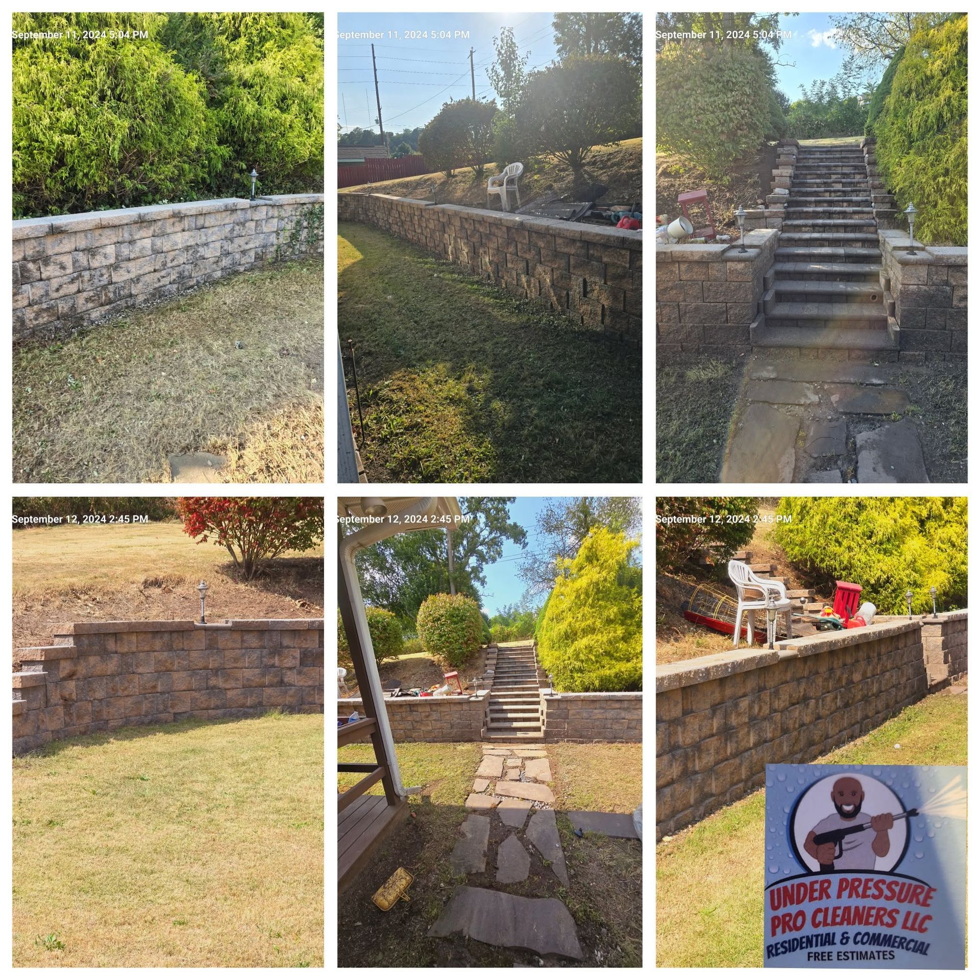 Collage of stone retaining walls and steps in a sunny backyard garden