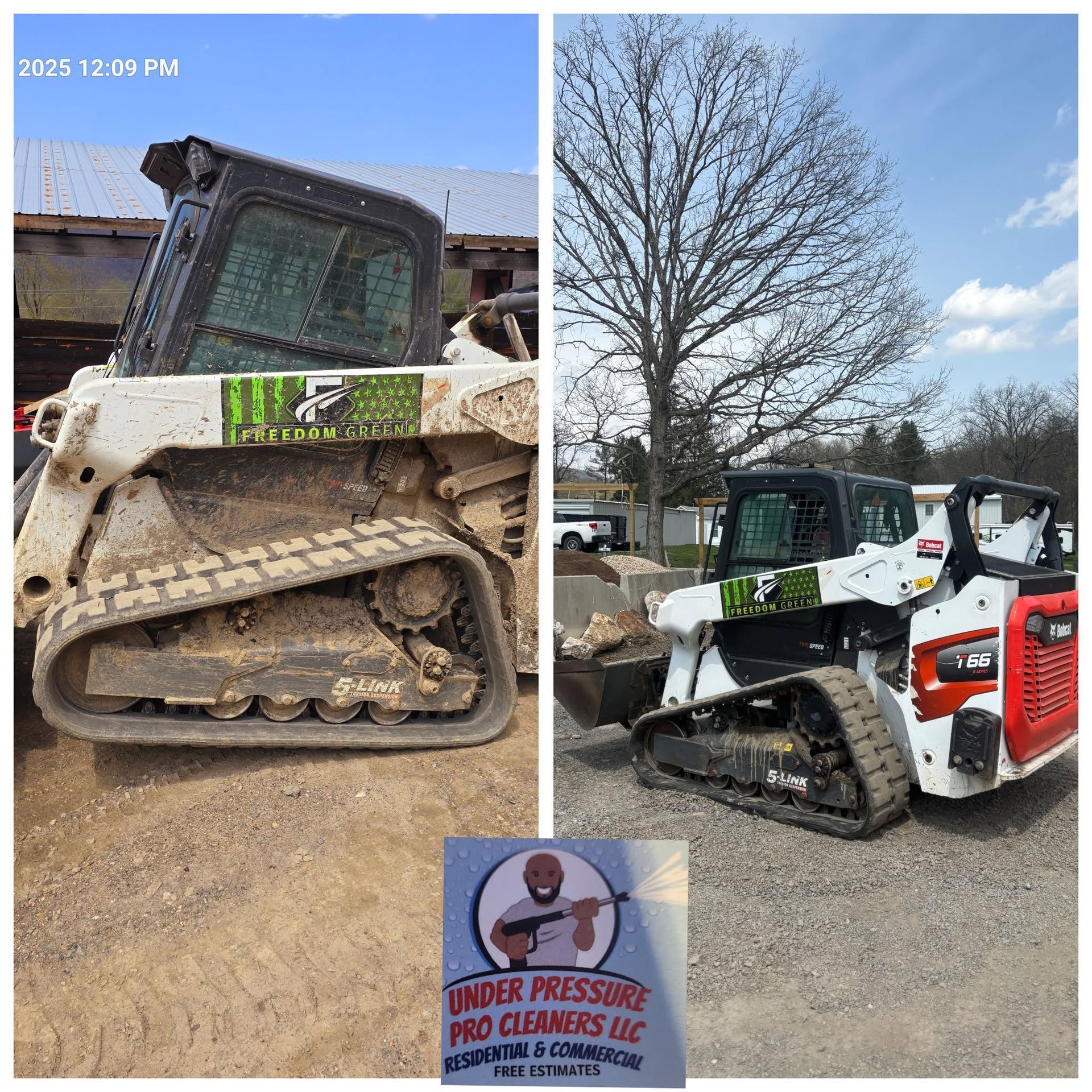 Mud-covered Bobcat skid steer on gravel lot, with a second view beside a tree and “Under Pressure” sign.