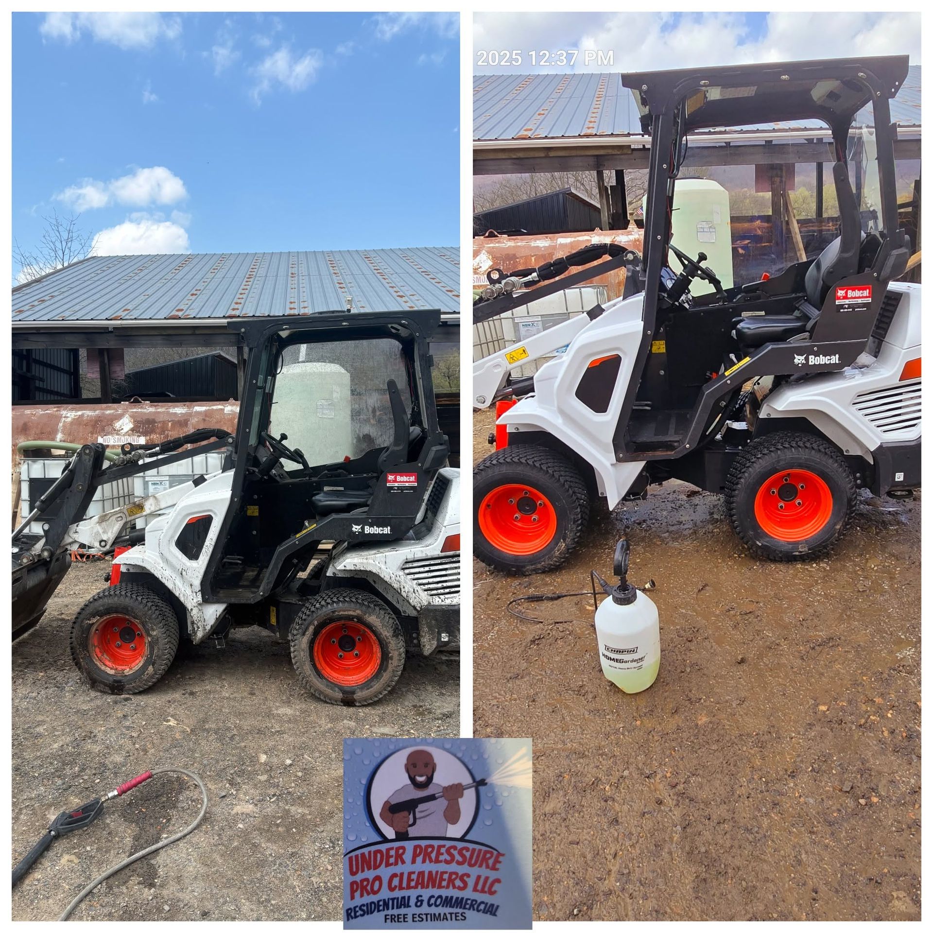 White skid steer with red wheels parked by a barn under a blue sky, beside a propane tank and warning sign