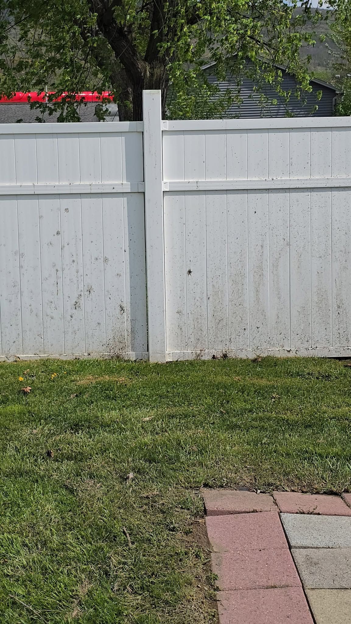 White fence behind a grassy yard with a brick patio corner in the foreground