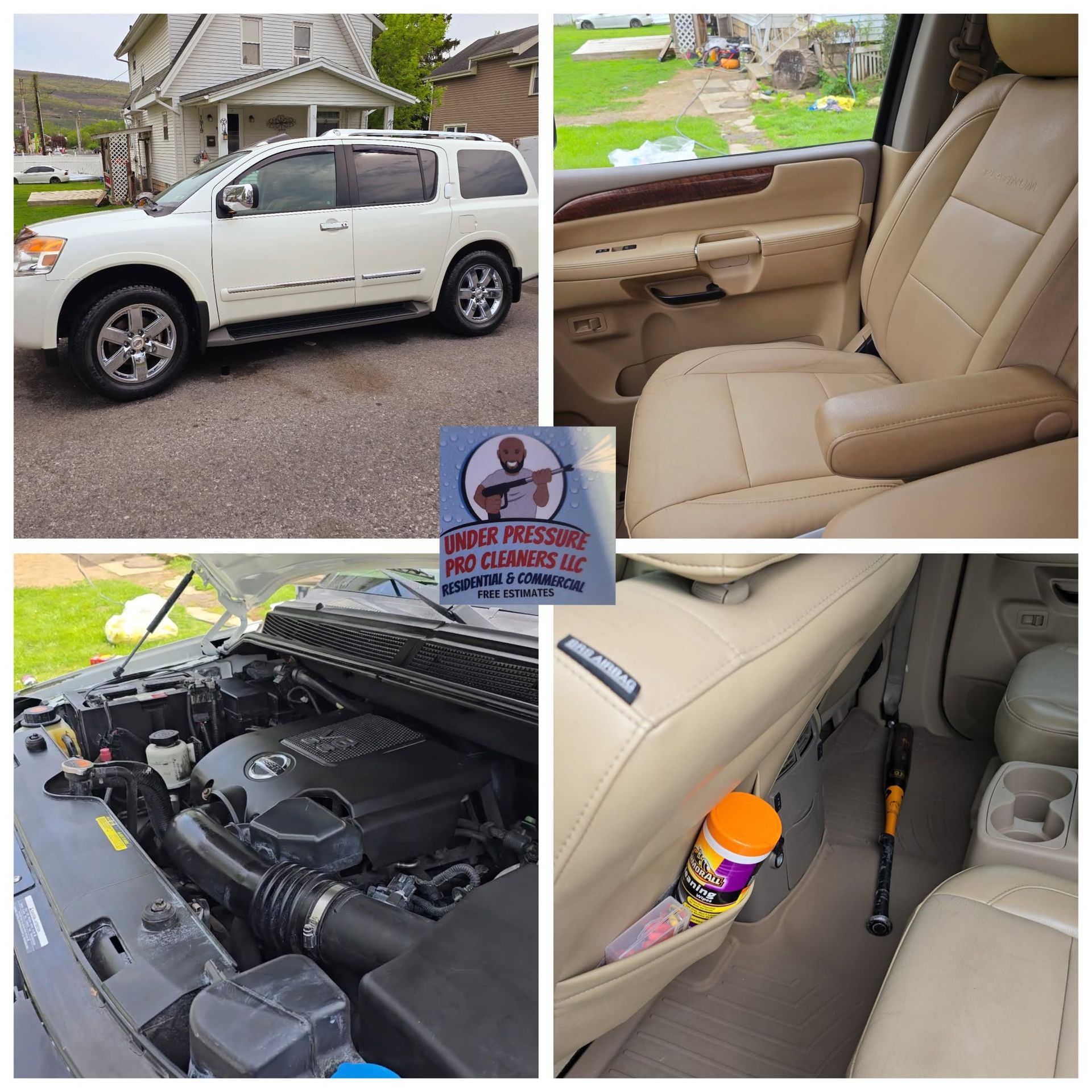 White SUV collage showing exterior, beige interior, engine bay, and a cleaning sign in a driveway