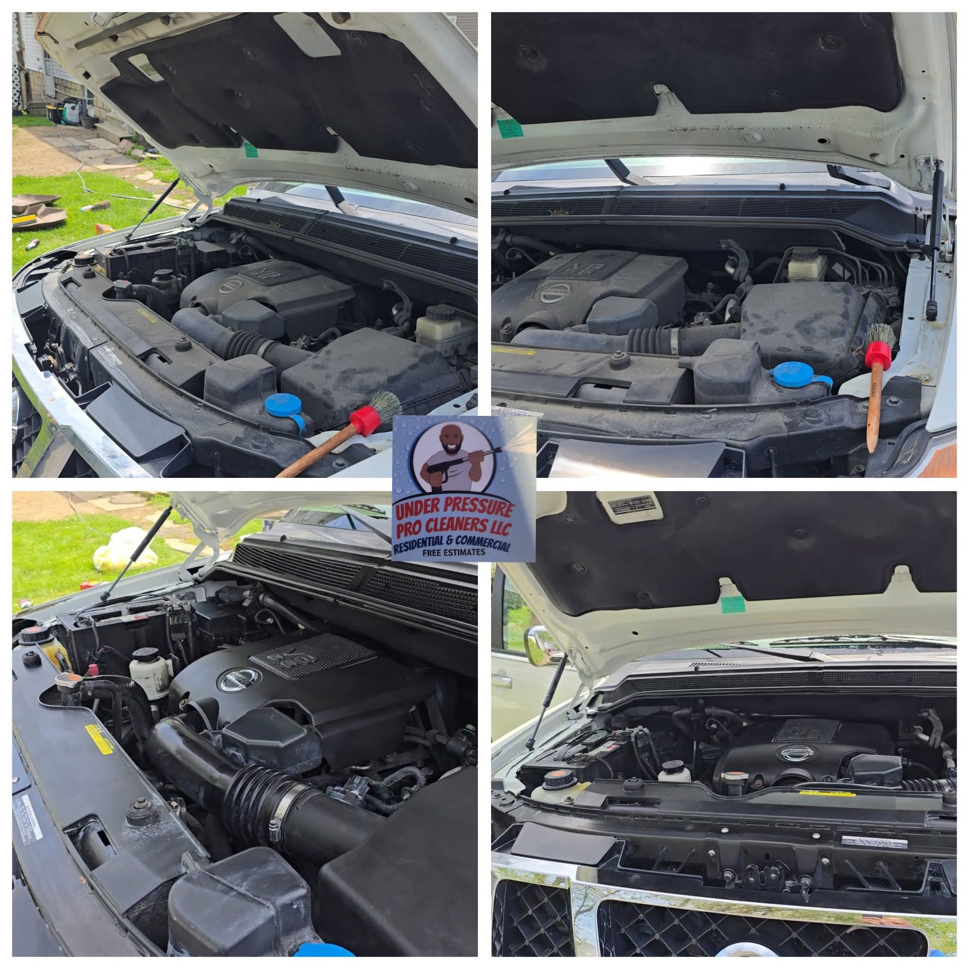 Car engine bay from multiple angles with hood open, showing engine components and a battery check sign.