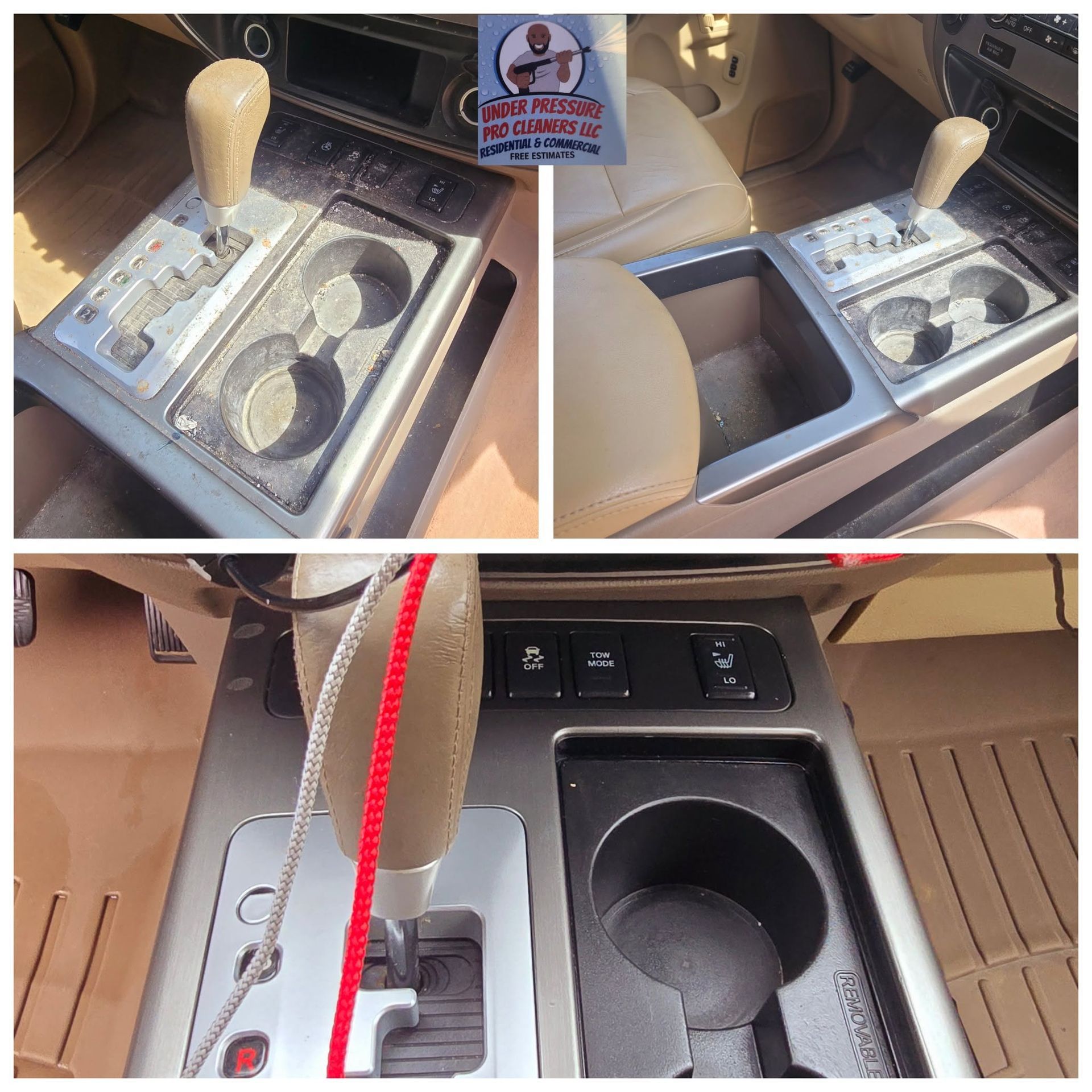 Car interior showing a custom center console with cup holders and a gear shifter in beige trim.