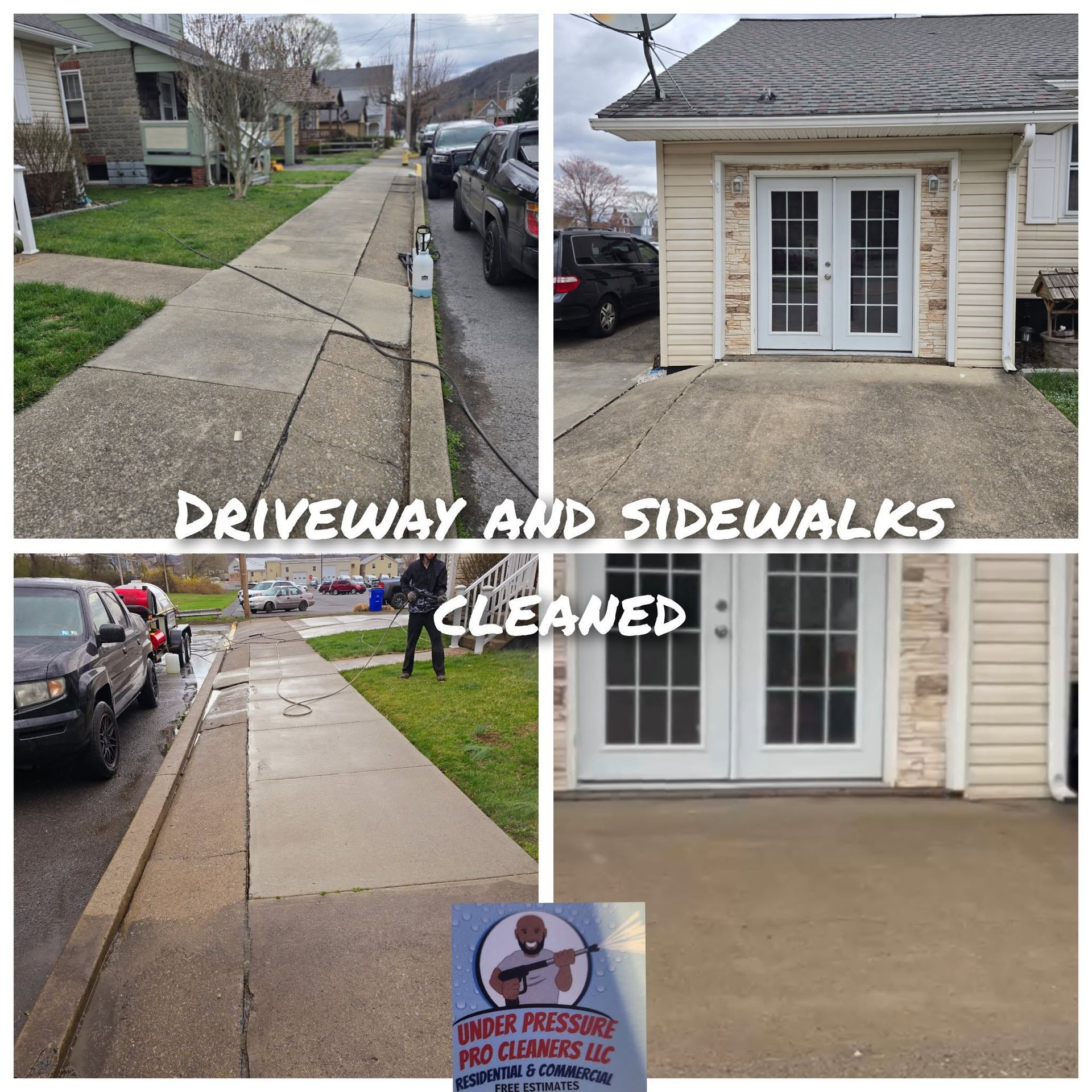 Driveway and sidewalk before-and-after cleaning at a house, with wet concrete and cleaner appearance.