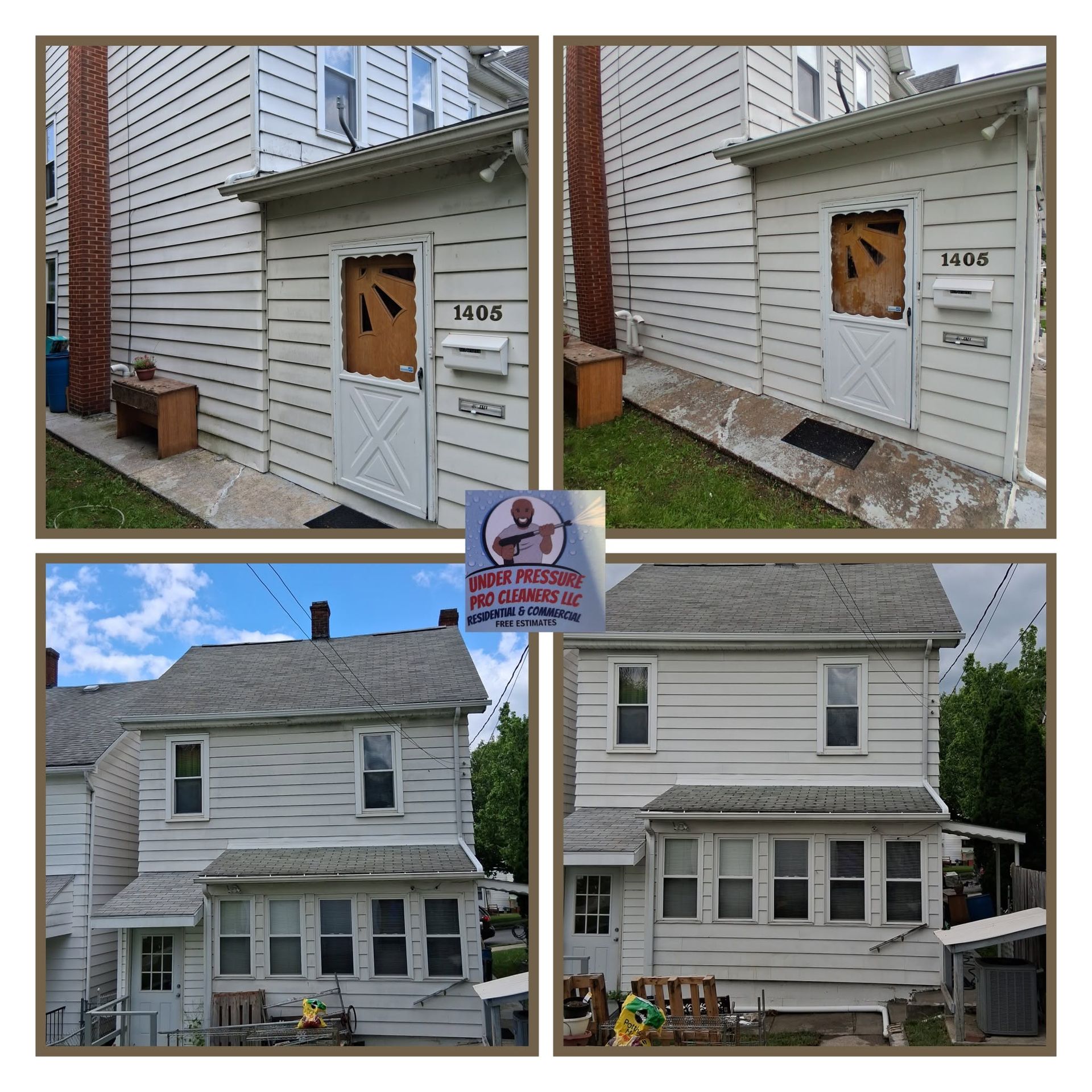 Four photos of a white house exterior, showing boarded-up side windows and front views of the home.