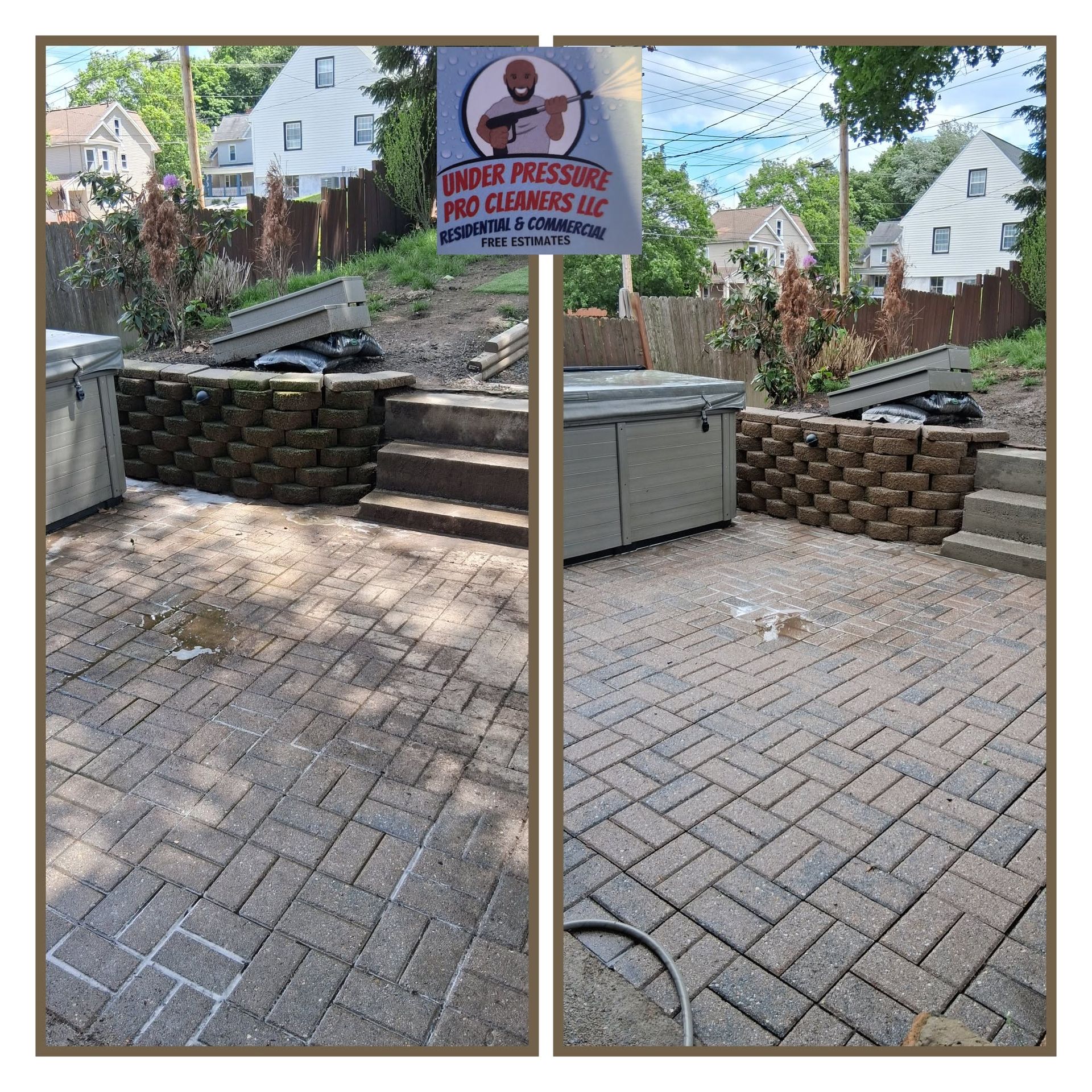 Side-by-side patio photos showing a freshly cleaned brick walkway and retaining wall steps.