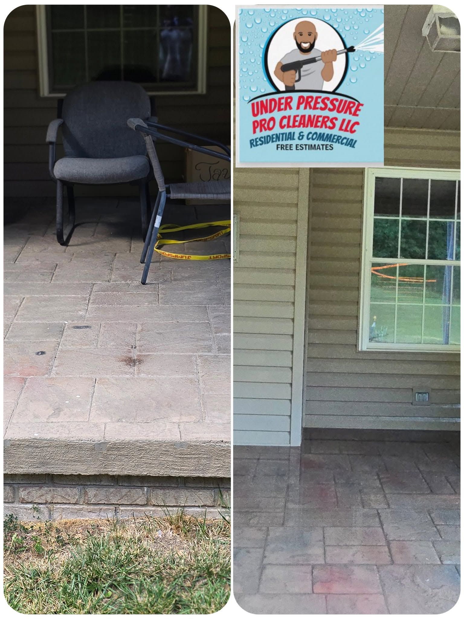 Chair on a porch beside a “Under Pressure” sign outside a house entrance.