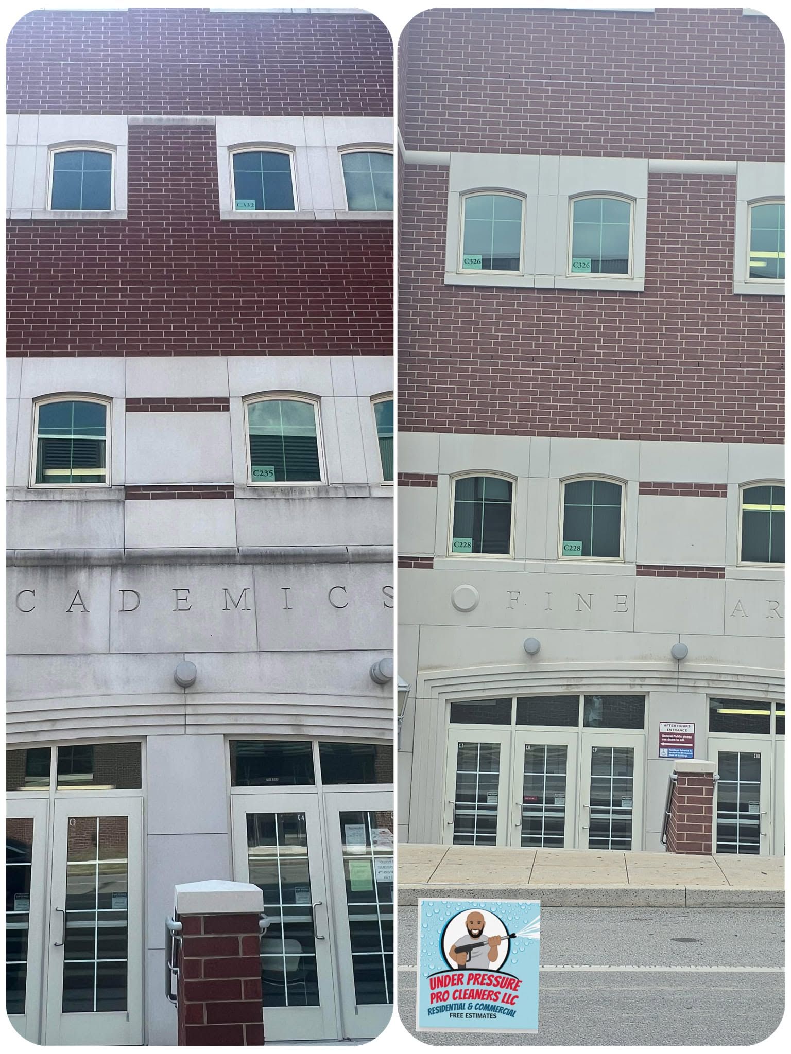 Street-level view of a brick building with white trim, storefront windows, and a small sign by the entrance