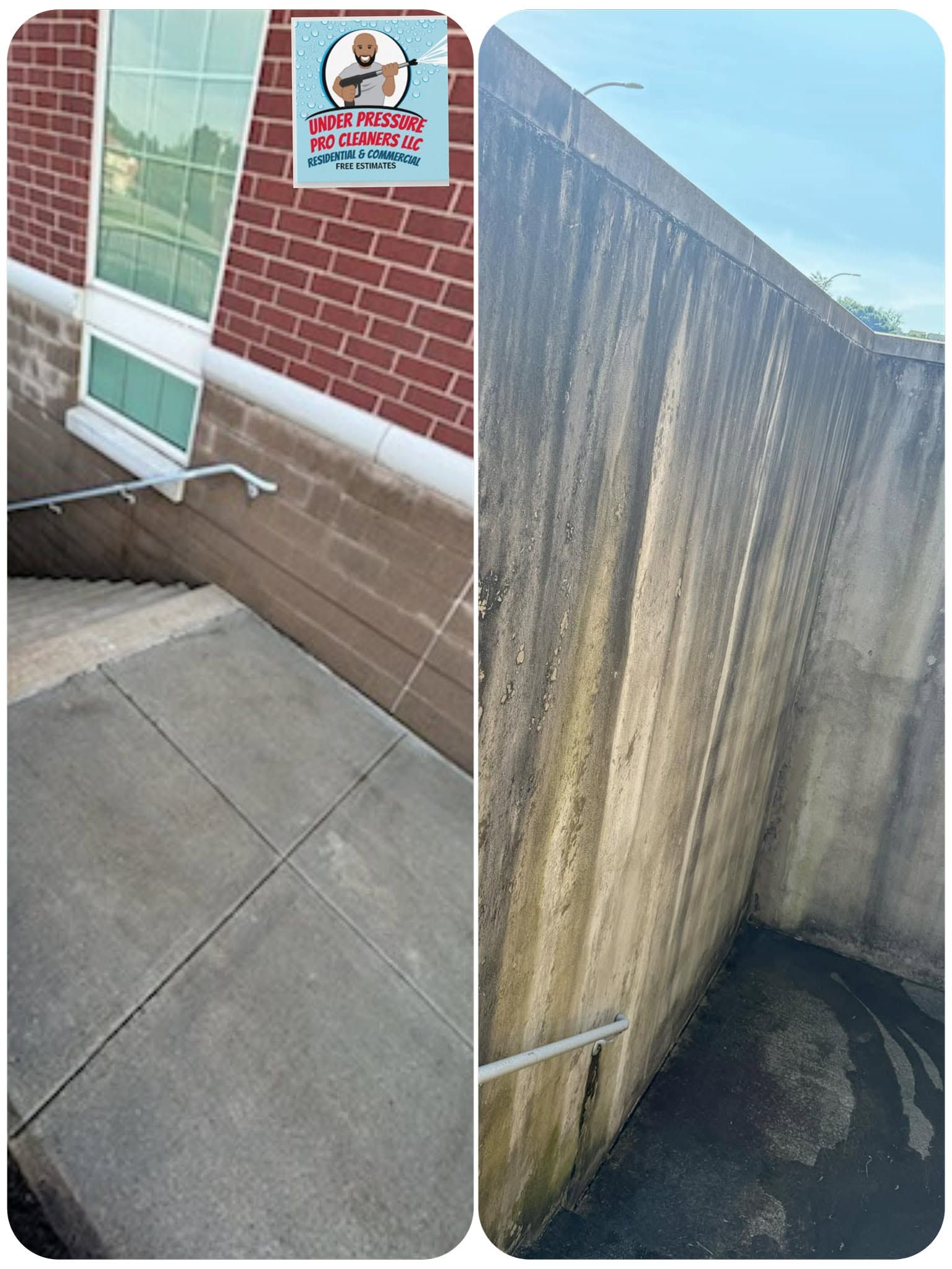 Two photos of a building exterior: brick wall with cracked concrete and a stained wooden fence by a narrow wet alley.