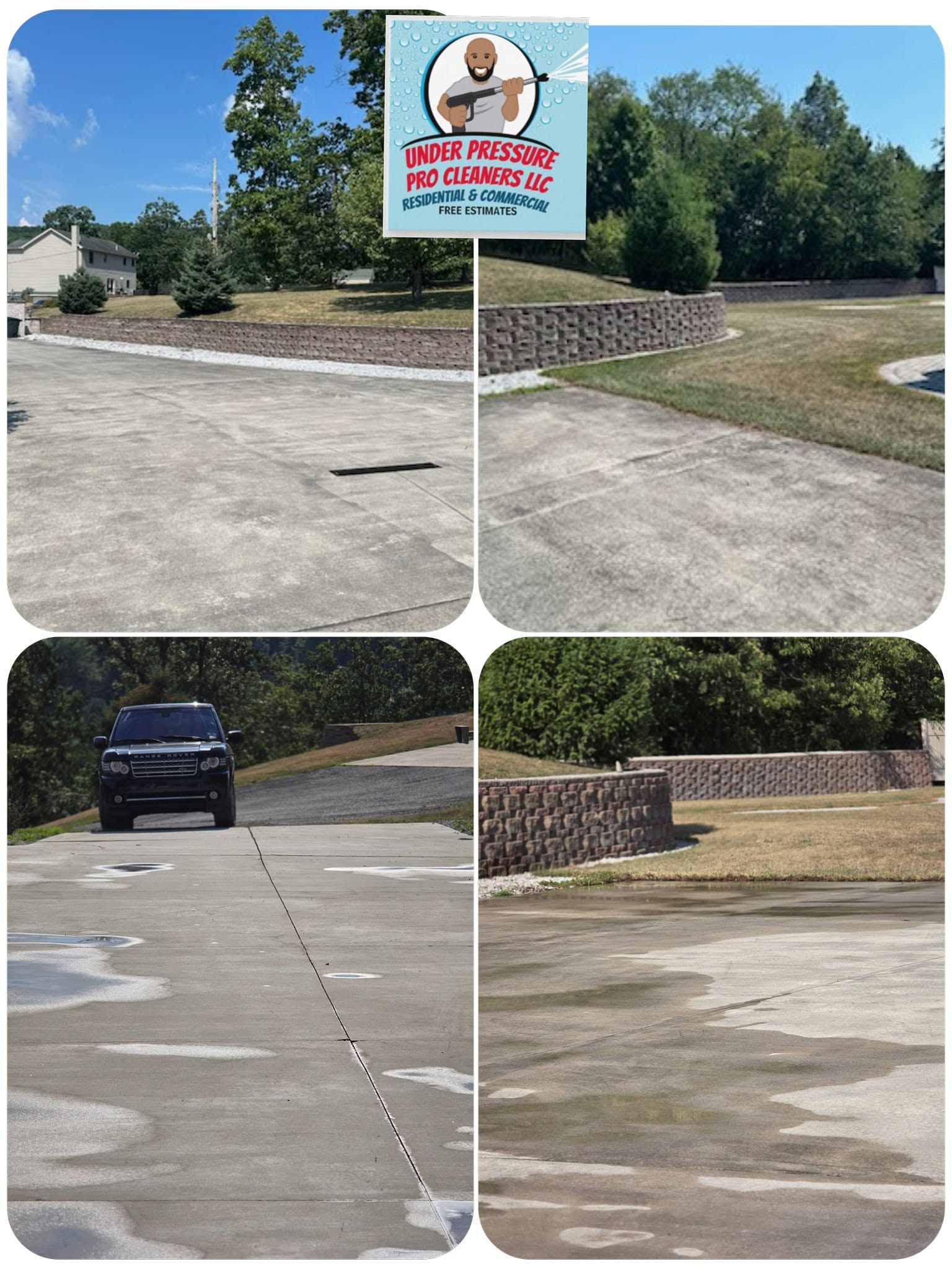 Parking lot with a sign near a low stone wall and a parked SUV on a sunny day.