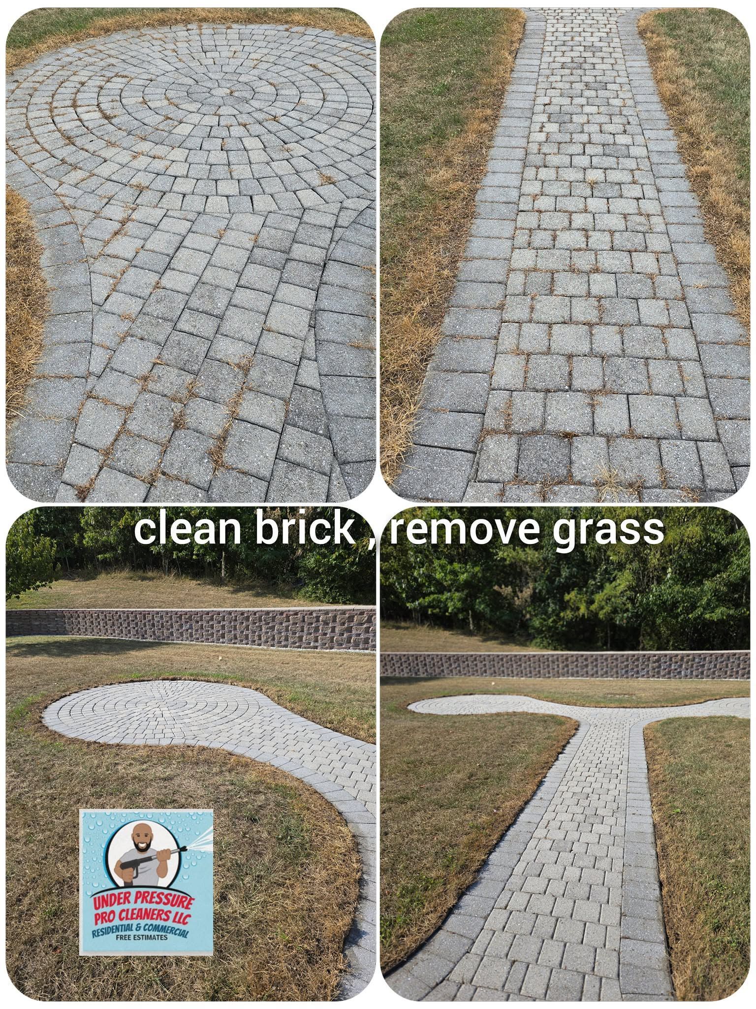 Cobblestone walkway before and after cleaning, with grass removed from the seams.