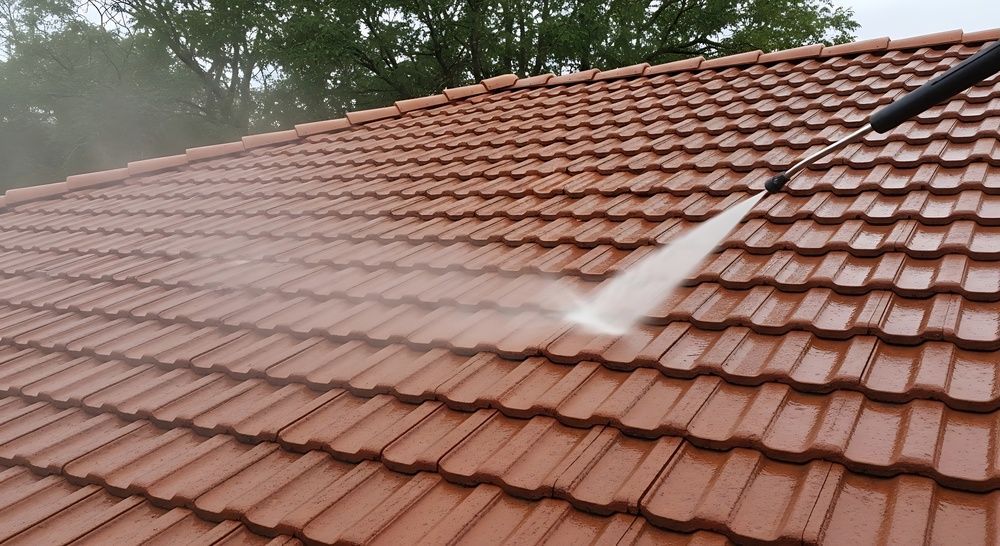 Water spraying across a red tiled roof during roof cleaning
