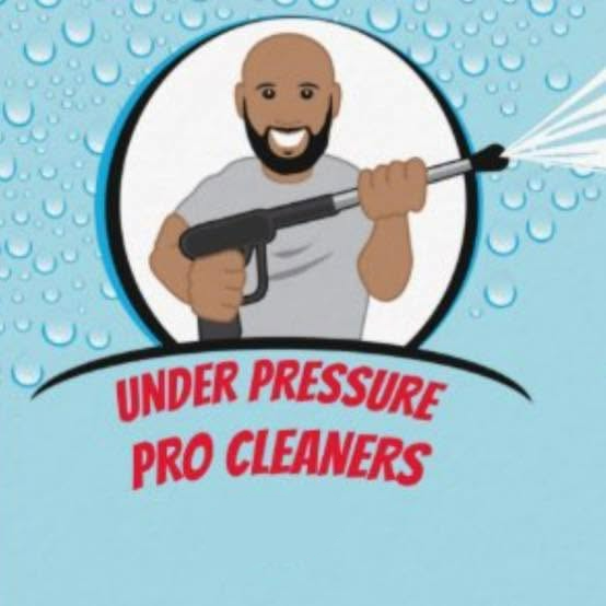 Logo for Under Pressure Pro Cleaners with a smiling person holding a pressure washer on a blue water-droplet background