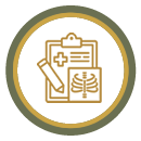 Medical clipboard, pencil, and chest X-ray in a circular frame.